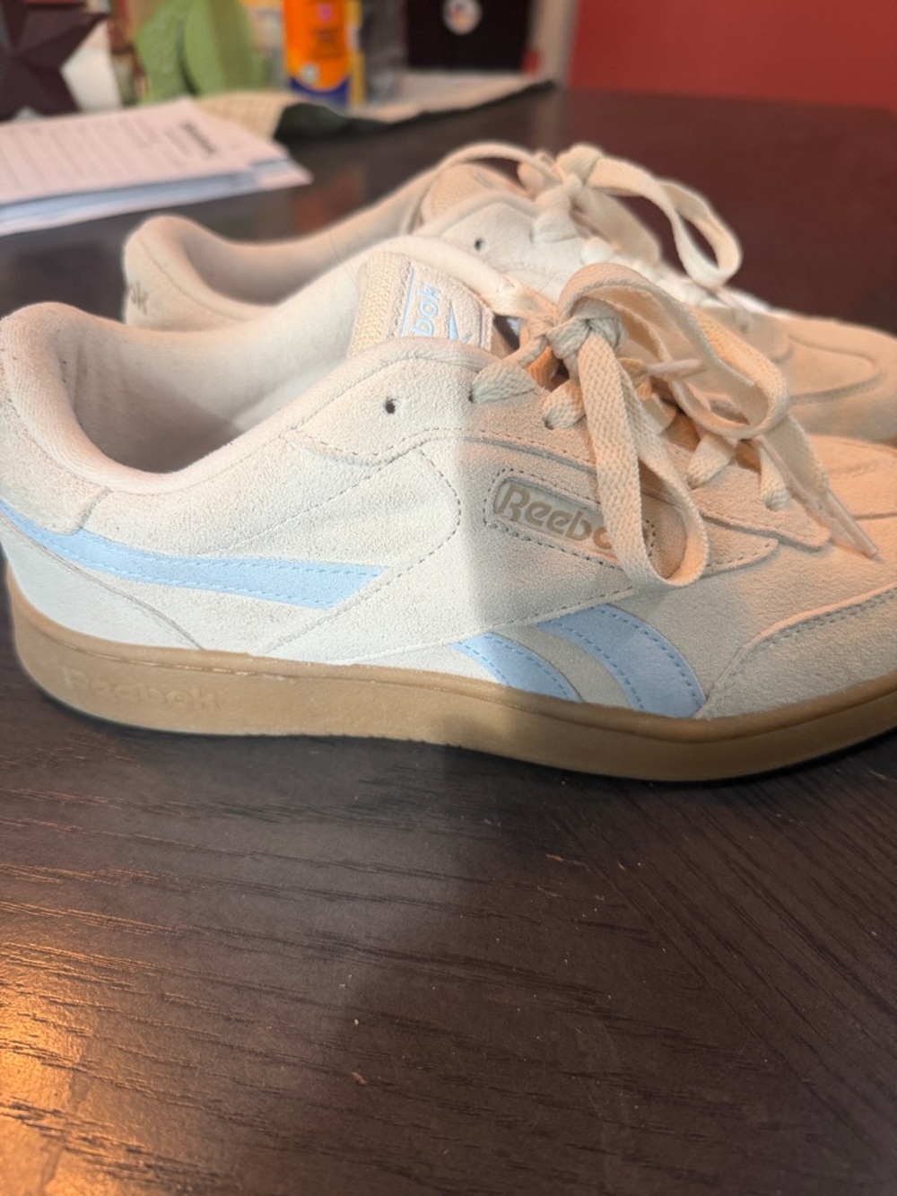 Reebok Suede Low-Top Sneakers in Cream with Light Blue Accents